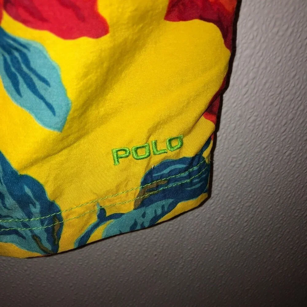 VTG Polo Sport Ralph Lauren Mens Large Yellow Floral Hawaiian Shorts Swim Trunks